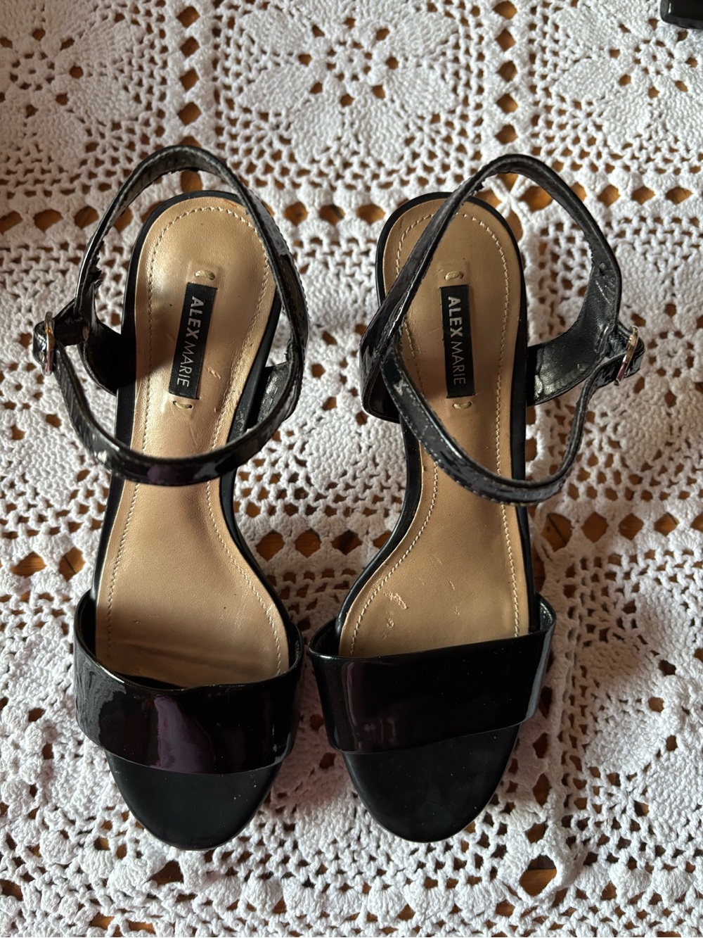 Alex Marie Black Patent Open-Toe Ankle-Strap Heels